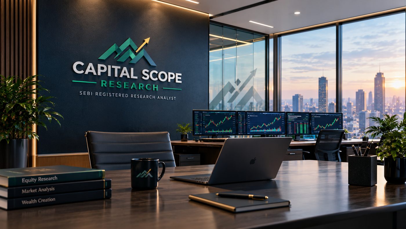 The Capital Scope Research office — branded wall signage beside a desk of live market charts.